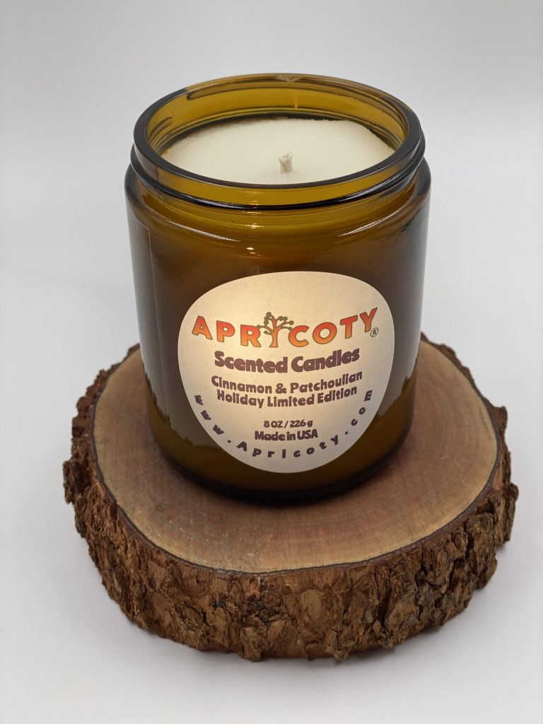 Apricoty Amber 8 oz Glass Jar Scented Candle Cinnamon & Patchoulian Holiday Limited Edition Scent.