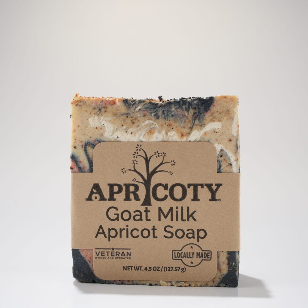 Front view of Apricoty Goat Milk Apricot Soap bar with handcrafted marbled design