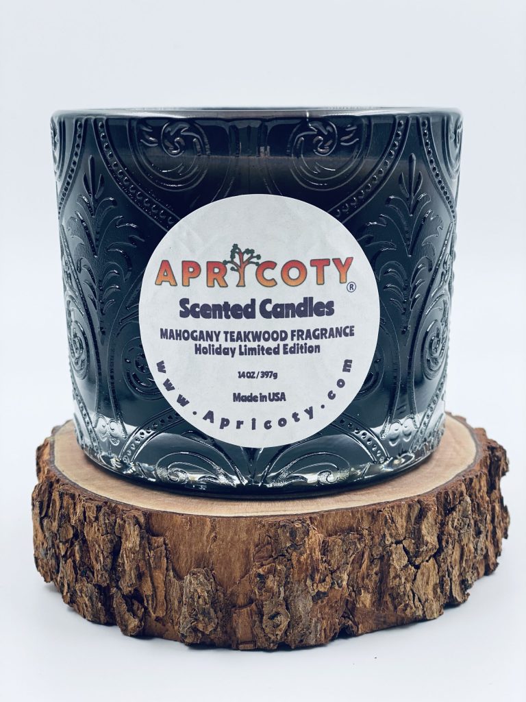 Apricoty 14 OZ BLACK MARQUIS GLASS Jar Scented Candle Mahogany Teakwood Holiday Limited Edition Scent.